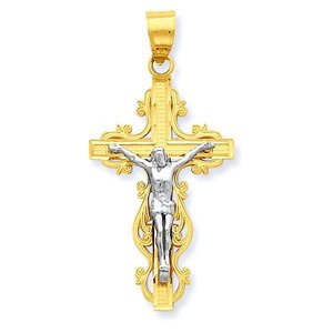 14K Two Tone Gold  Small Narrow Crucifix Pendant