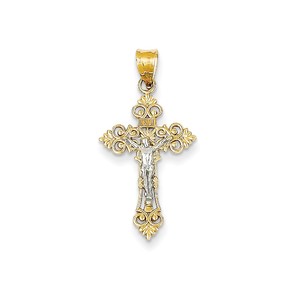 14K Two tone Small Lacey edged INRI Crucifix Pendant