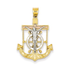 14k Tri color Diamond cut w Textured Mariner  s Cross Pendant