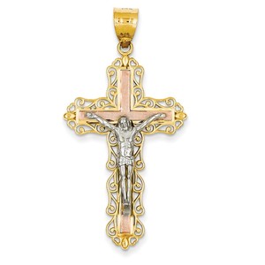 14K Tri color Diamond cut Crucifix Pendant