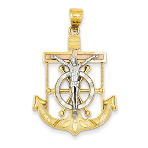14k Tri color Diamond cut w Textured Mariner  s Cross Pendant