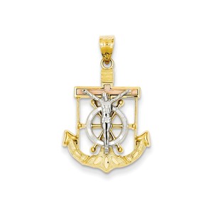 14k Tri color Diamond cut w Textured Mariner  s Cross Pendant