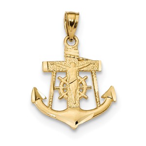 14k Satin Diamond cut Anchor w Crucifix Pendant