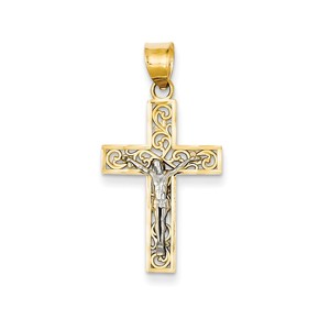 14K Two tone D C Small Block Filigree Cross w Crucifix Pendant