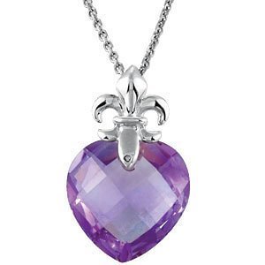 Genuine Amethyst Heart with Fleur de lis Design Pendant