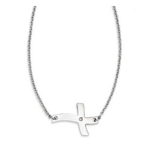 Stainless Steel Fancy Sideways Cross with CZ Necklace