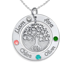 Personalized Round Family Tree Pendant with 4 Birthstones   Names