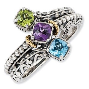 Sterling Silver   14k Three stone  Antiqued Mother s Ring