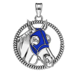 RaceHorse with Blinder Color Mask on a Round Rope Frame Horse Jewelry Pendant or Charm