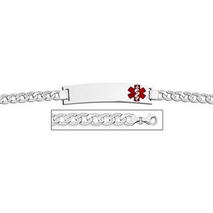 Sterling Silver Medical ID Bracelet w  Curb Chain W  Red Enamel