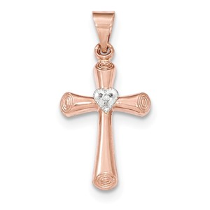 14K Two tone Diamond Brushed   Polished Hollow Latin Heart Cross Pendant