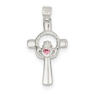 Sterling Silver Pink CZ Claddagh Cross Pendant