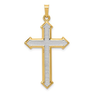 14k w Rhodium Polished and Textured Passion Cross Pendant
