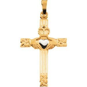 14K TWO TONE GOLD CLADDAGH CROSS PENDANT