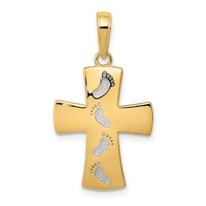 14K w Rhodium Footprints Cross Pendant