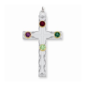 Sterling Silver 14k Bezel Crystal Family Cross Pendant