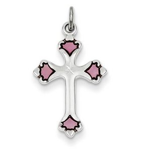 Sterling Silver Pink Enameled Budded Cross Charm