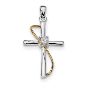 Sterling Silver Rhodium   Gold tone Polished w CZ Cross Pendant
