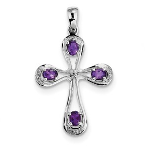 Sterling Silver Rhodium Amethyst   Diamond Cross Pendant