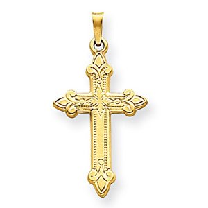 14k Yellow Gold Hollow Fleur de lis Cross Pendant