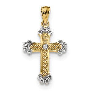 14k w Rhodium Diamond cut Filigree Cross Pendant