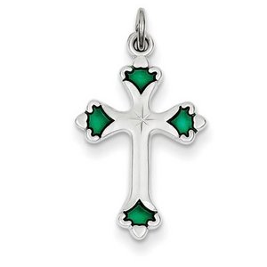 Sterling Silver Green Enameled Budded Cross Charm