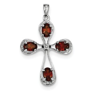 Sterling Silver Rhodium Garnet   Diamond Cross Pendant