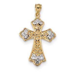 14k w Rhodium Polished D C Filigree Cross Pendant