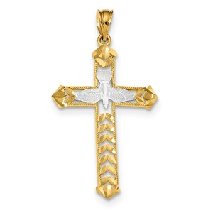 14k White Rhodium w  Yellow Polished Diamond cut Dove Cross Pendant