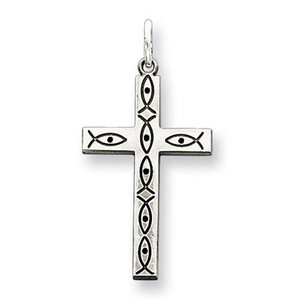 Sterling Silver Laser Designed Jesus Fish Cross Charm