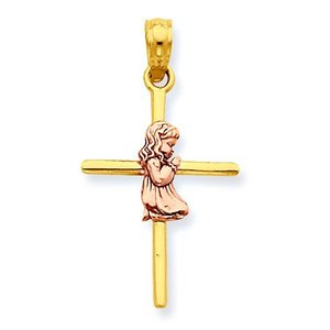 14k Two Tone Praying Girl Cross Pendant