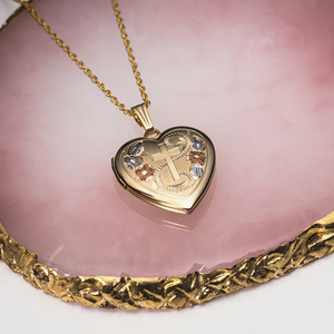 Solid 14K Yellow Gold Floral Cross Heart Photo Locket