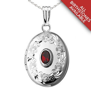 Floral Border with Birthstone Oval Photo Locket