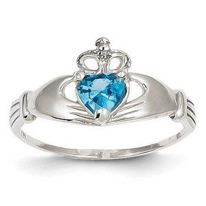 14K White Gold CZ December Birthstone Claddagh Heart Ring