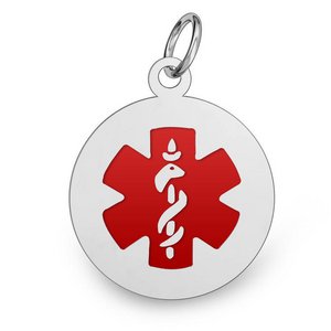 Sterling Silver Medical ID Round Charm or Pendant with Red Enamel