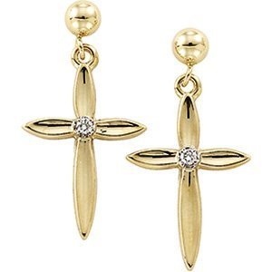 14K Yellow Gold Cross Earrings with Genuine Diamond