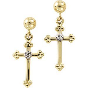 14K Yellow Gold Cross Earrings with Genuine Diamond