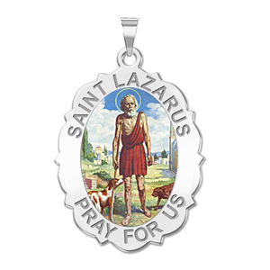 Saint Lazarus Scalloped Oval Color Religious Medal   EXCLUSIVE 