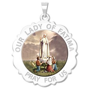 Our Lady of Fatima Scalloped Round Religious Medal   Color EXCLUSIVE 