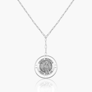 Round Saint Monica Medal with Open Border Necklace and Paper Clip Chain