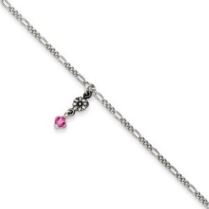 Sterling Silver Polished Antiqued Pink Crystal Beaded Anklet