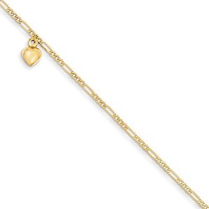 14k Polished Figaro Link with Dangling Heart Anklet