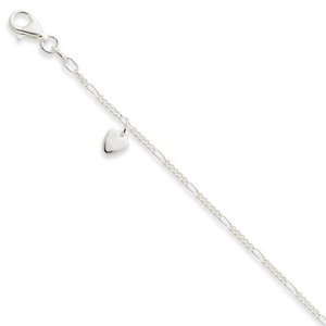 Sterling Silver Polished Dangling Hearts on Figaro Anklet