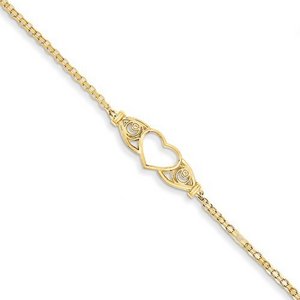 14k Polished Antiqued Heart Anklet