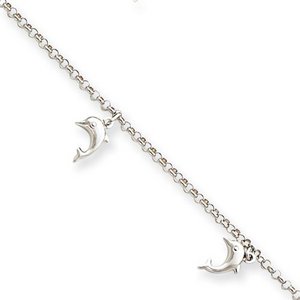 14k White Gold Polished Dolphins Anklet