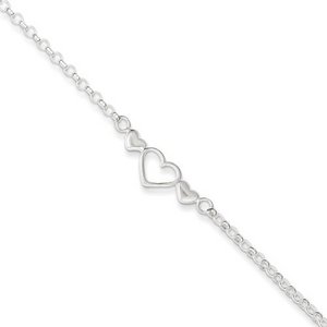 Sterling Silver Polished Triple Heart Anklet