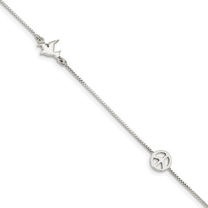Sterling Silver Polished Dove   Peace Sign with 1in ext  Anklet
