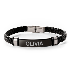 Engraved Black Stainless Steel ID Bracelet with Black Leather Rope Band